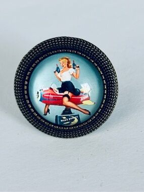 200mm Retro Pin-Up Girl Dome Adjustable Ring, NWT, Handmade